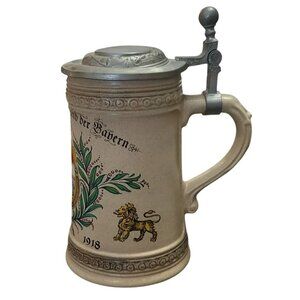 Alwe German Beer Stein Mug Pewter Lid 1835-1918 Bavaria Lion Crest Vintage
